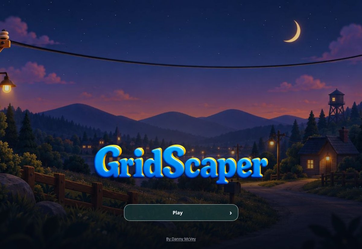 GridScaper title screen overlooking a village at twilight
