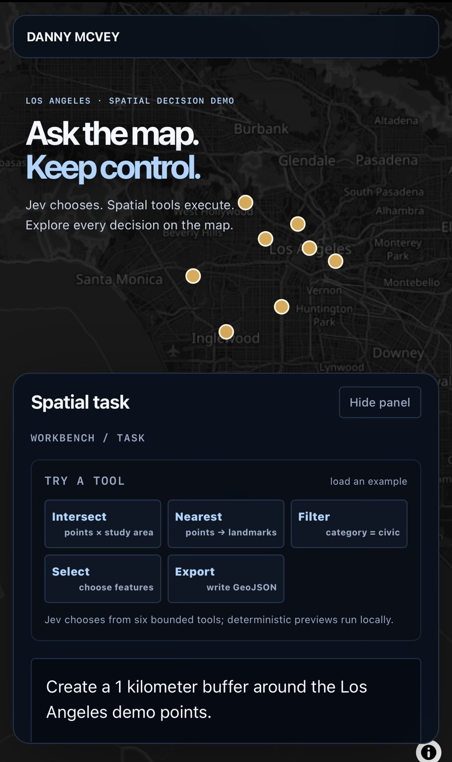 JevMap over Los Angeles with sample points and the Ask the map, Keep control headline