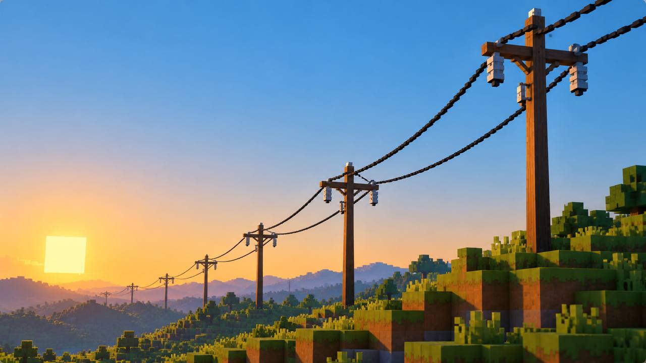 Voxel landscape at sunset with a line of wooden utility poles and power lines